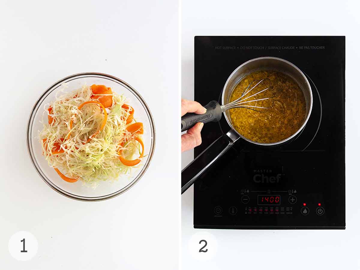 A large bowl of shredded cabbage and shaved carrot and a person whisking a pot of vinegar dressing.