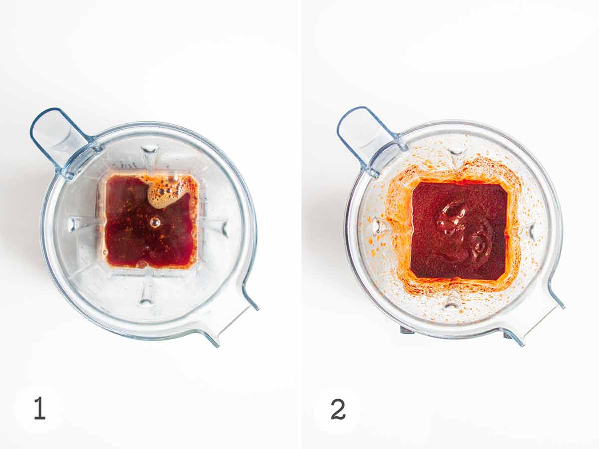 Water and chili powder in a blender before and after being blended.