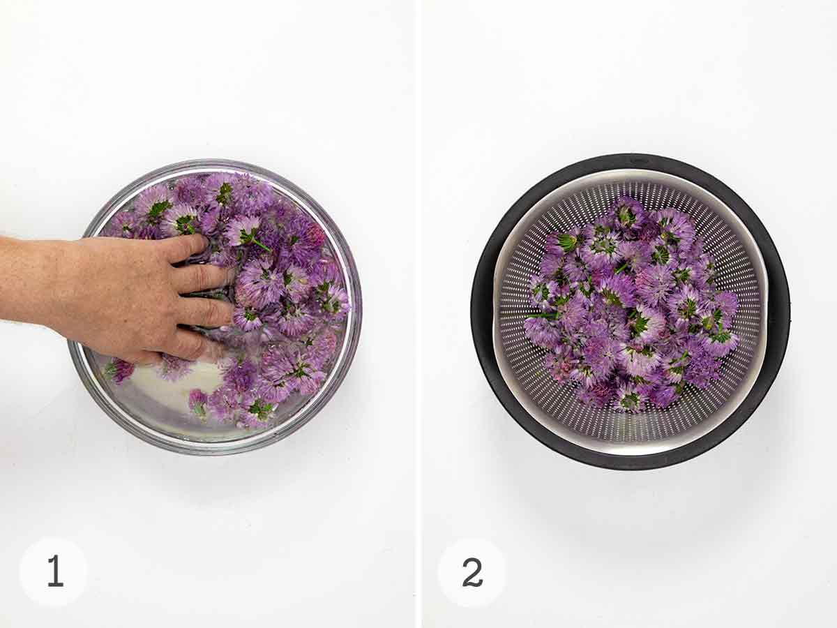 Chive blossoms being cleaned in a bowl of water and strained in a colaner.