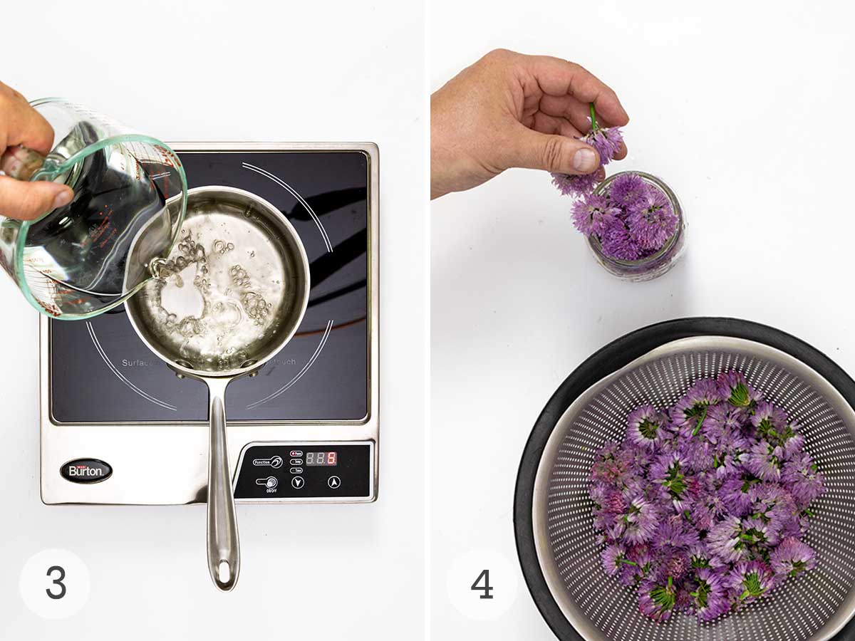 Vinegar heated in a pot and chive blossoms being added to a jar.