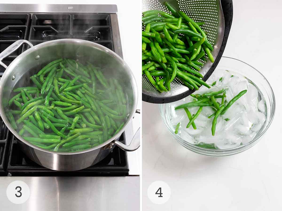 Green beans in a large pot of water, then being poured from a colander into a bowl of ice water.