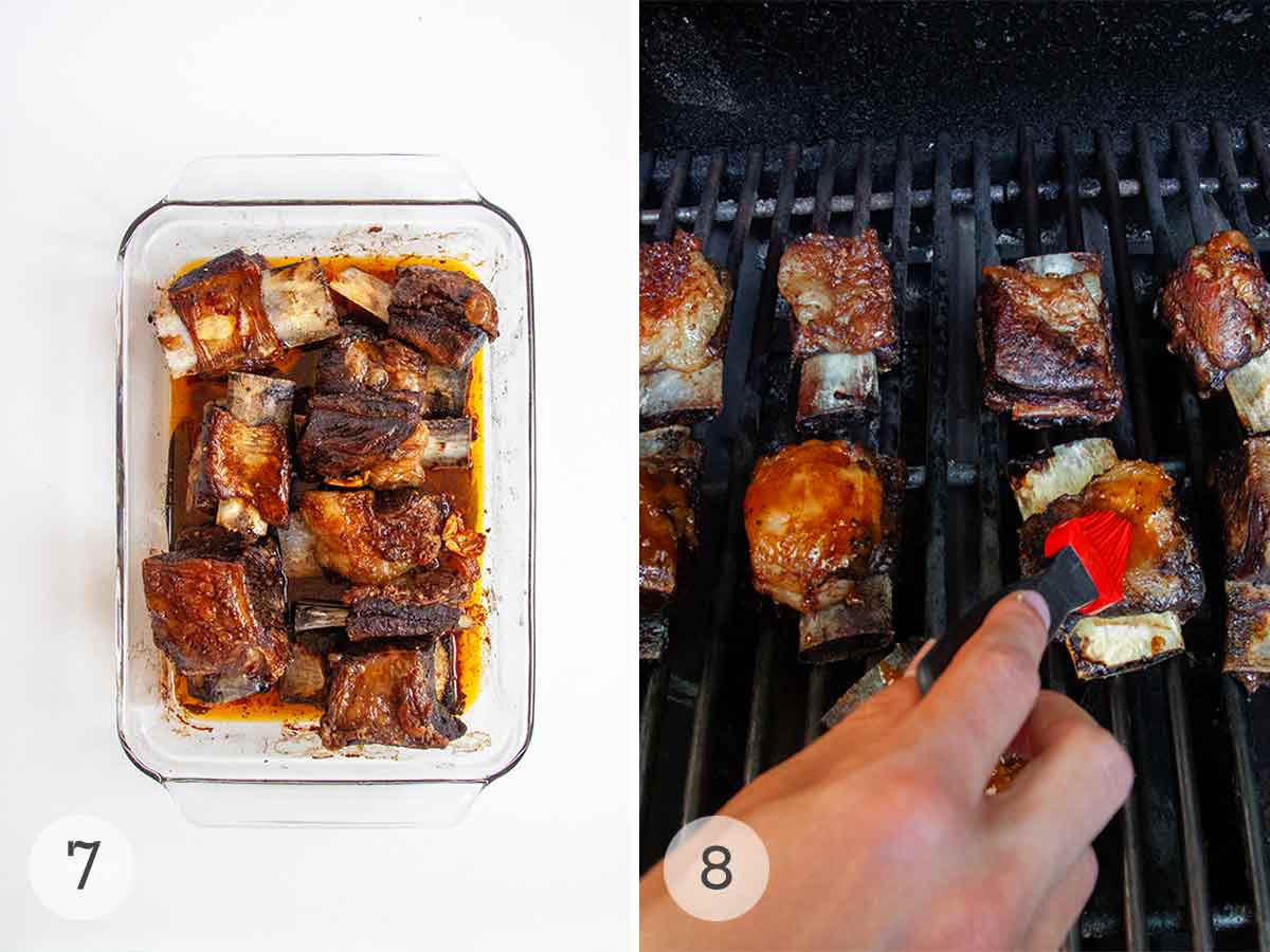Cooked short ribs in a baking dish and a person basting short ribs with barbecue sauce.