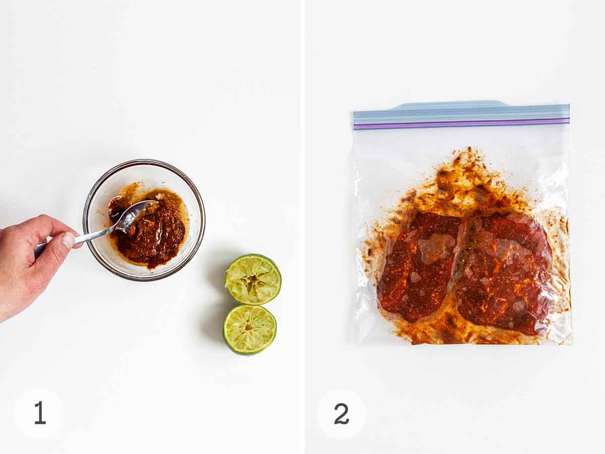 Marinade ingredients mixed in a small bowl and a couple pieces of skirt steak marinating in a resealable bag.