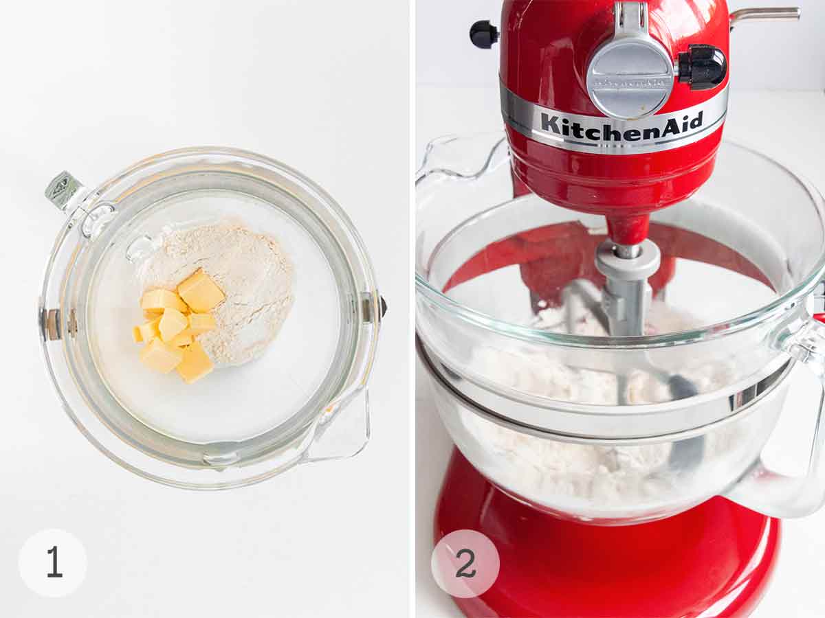Flour and butter in a glass mixer bowl, and a mixer running to blend the flour and butter.