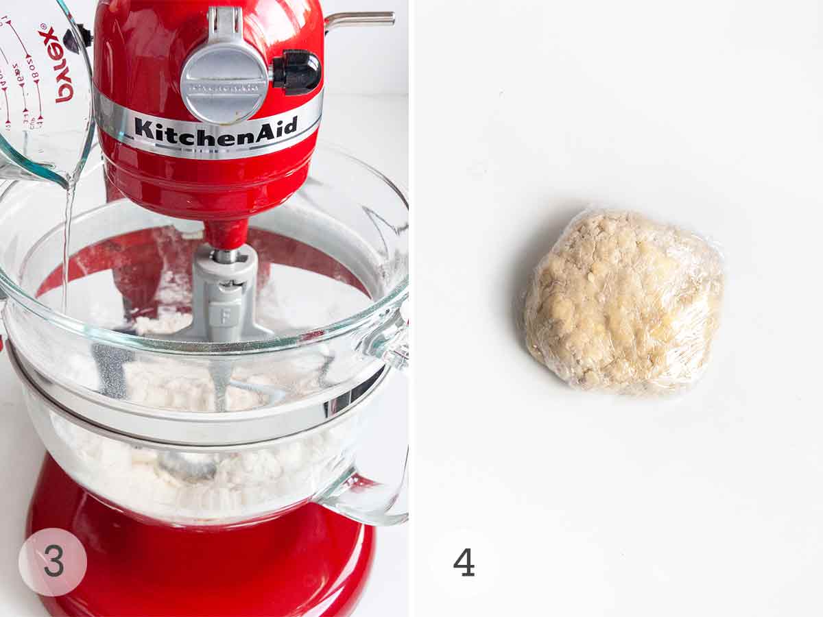 Water poured into a mixer with flour, and a ball of pie dough wrapped in plastic.