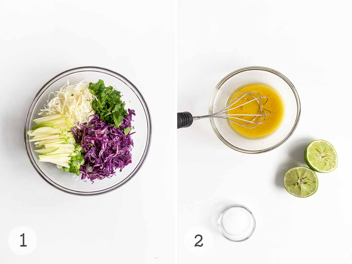 A bowl of coleslaw ingredients and a bowl of dressing with a whisk inside and a dish of salt and two squeezed lime halves on the side.