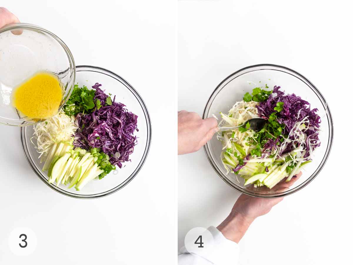 Dressing being poured into a bowl of coleslaw and a person mixing up the bowl of slaw.