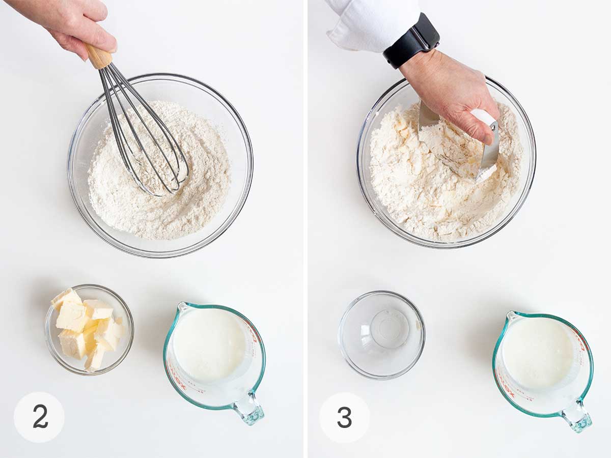 A person whisking dry ingredients together in a bowl and a person cutting butter into the mixutre.