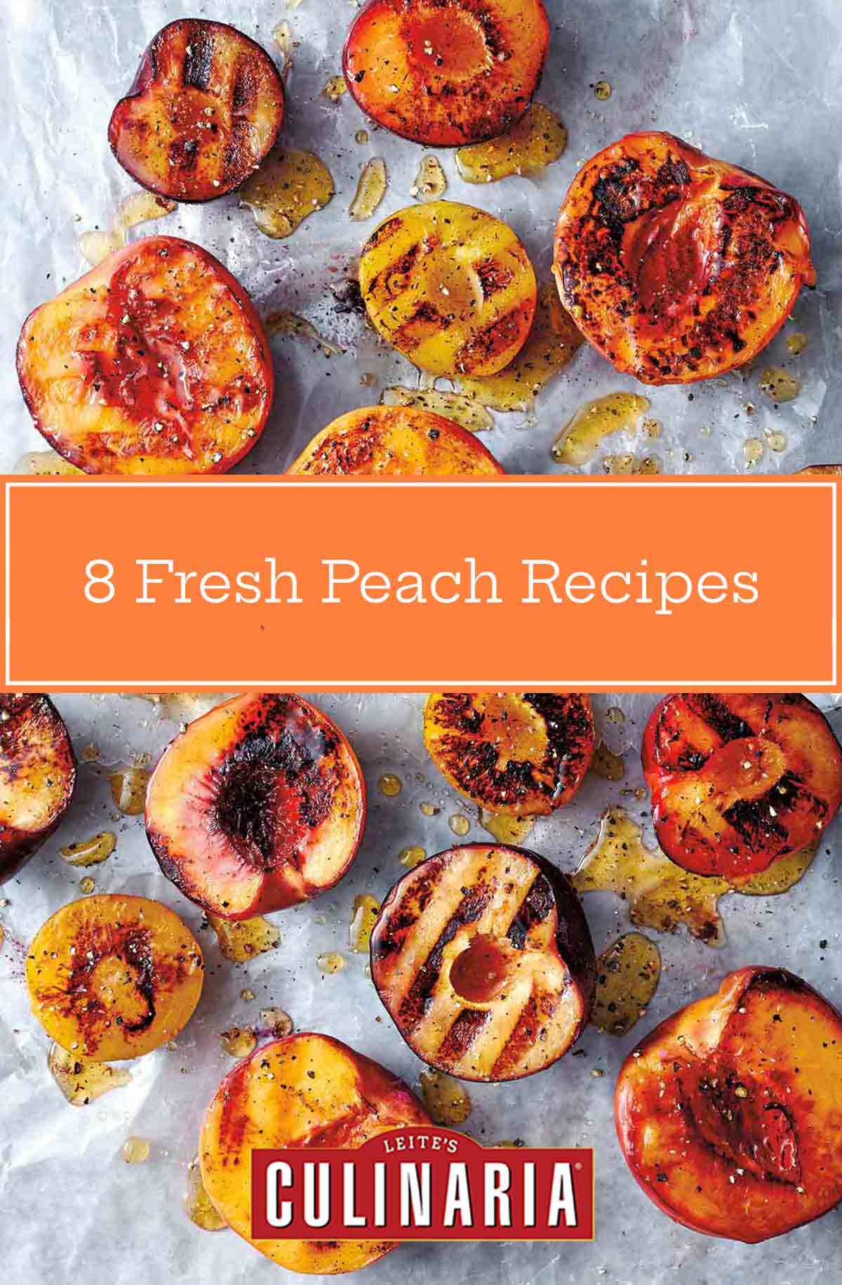 Several halved grilled peaches and plums on a piece of parchment, drizzled with honey and sprinkled with black pepper.