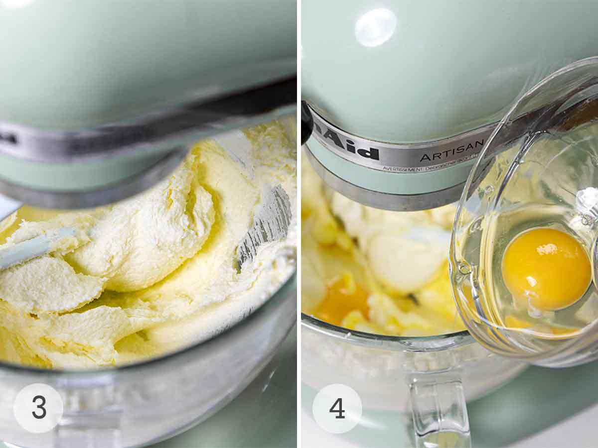 A mixer with butter and sugar mixed together; an egg being added to the butter-sugar mixture.