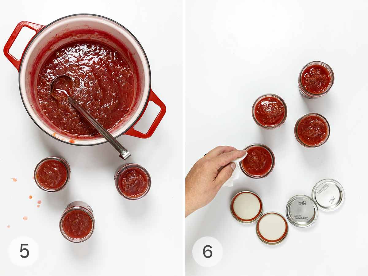 A pot of rhubarb jam with a ladle resting inside and three filled jars on the side, then an image of four filled jam jars with lids on the side.