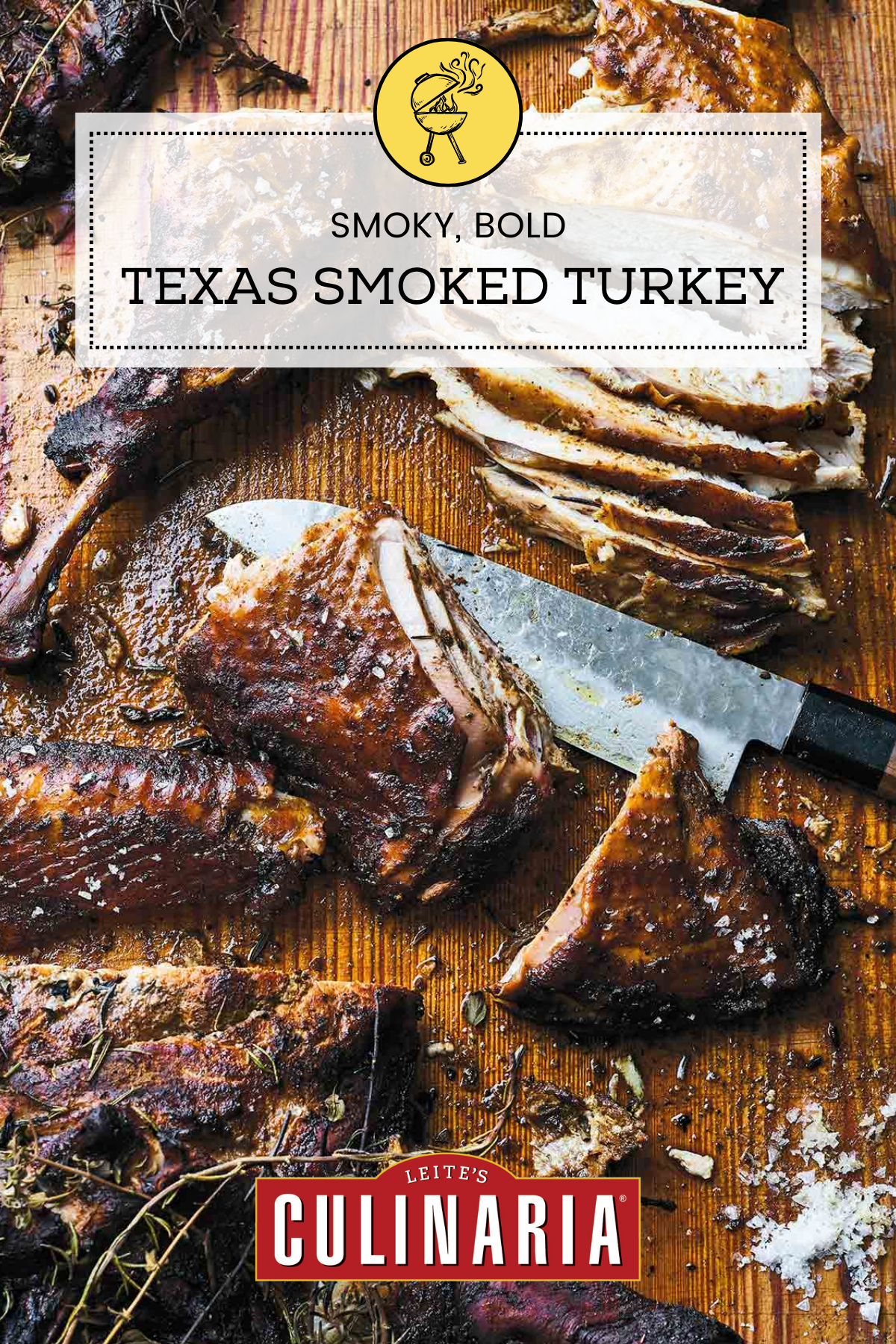 A Texas style smoked turkey cut into breast and leg pieces on a cutting board with a knife.
