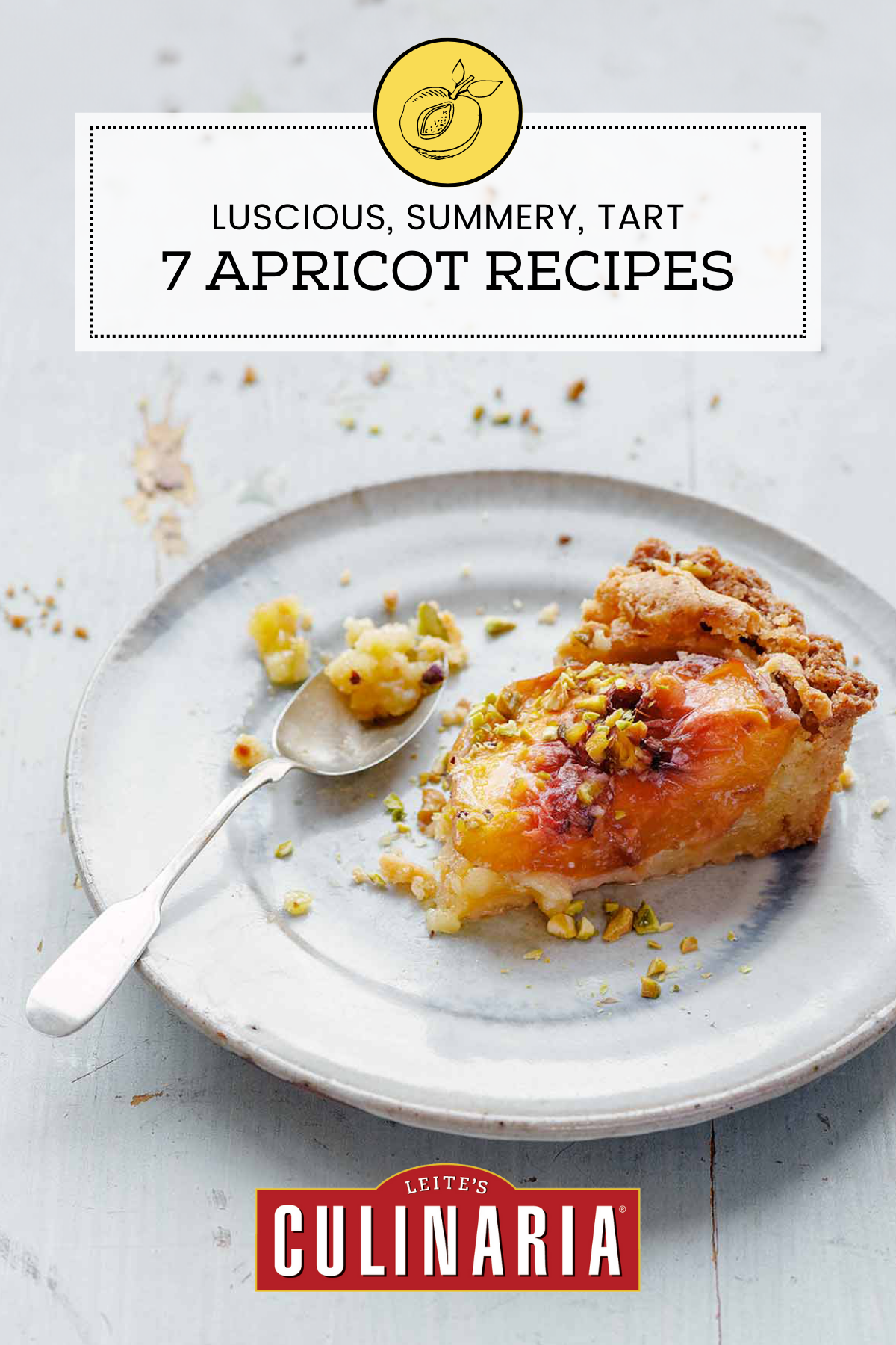 Plate with an slice of apricot tart filled with frangipane and topped with chopped pistachios.