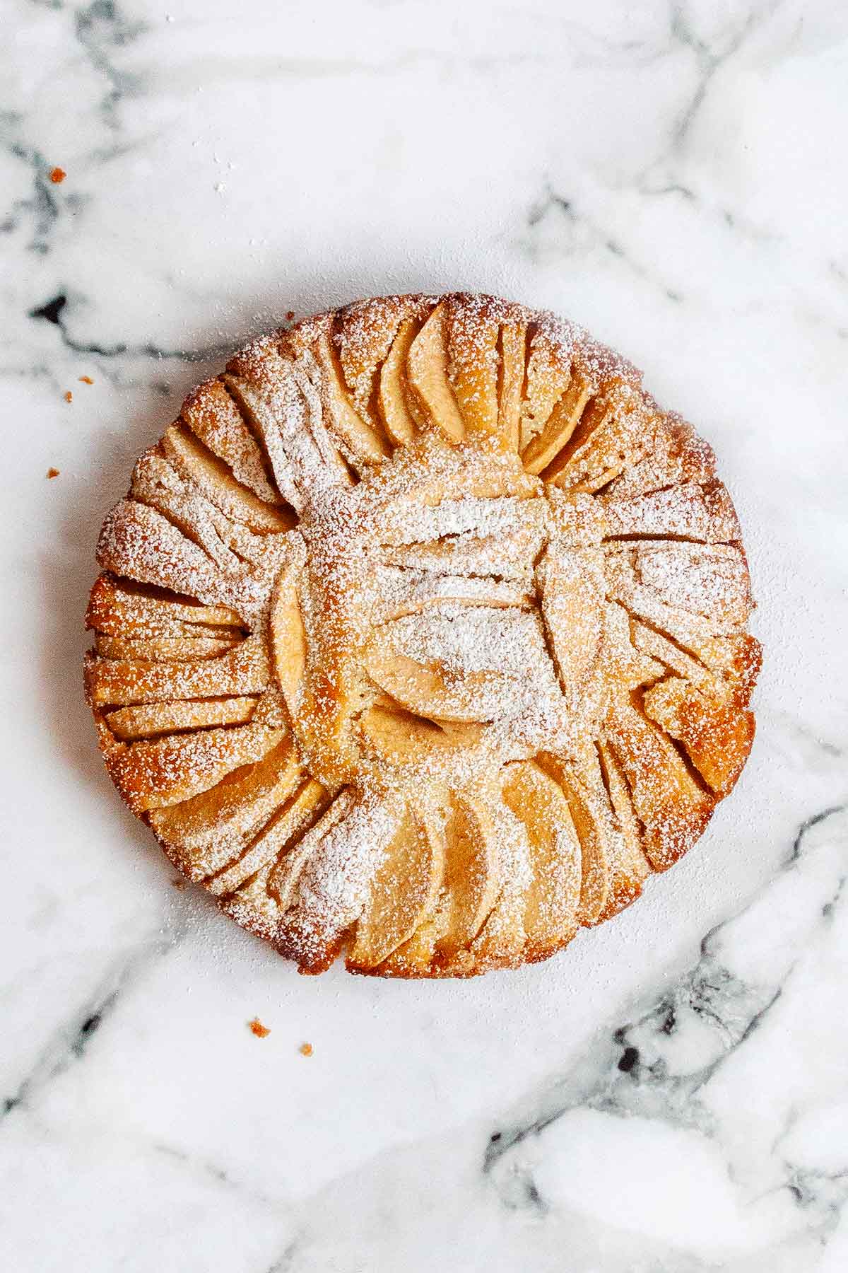 A whole apple cake dusted with confectioners' sugar.
