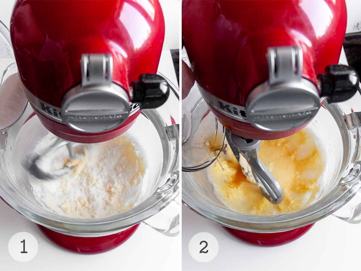 Butter and sugar beaten in a stand mixer and vanilla poured into the batter.