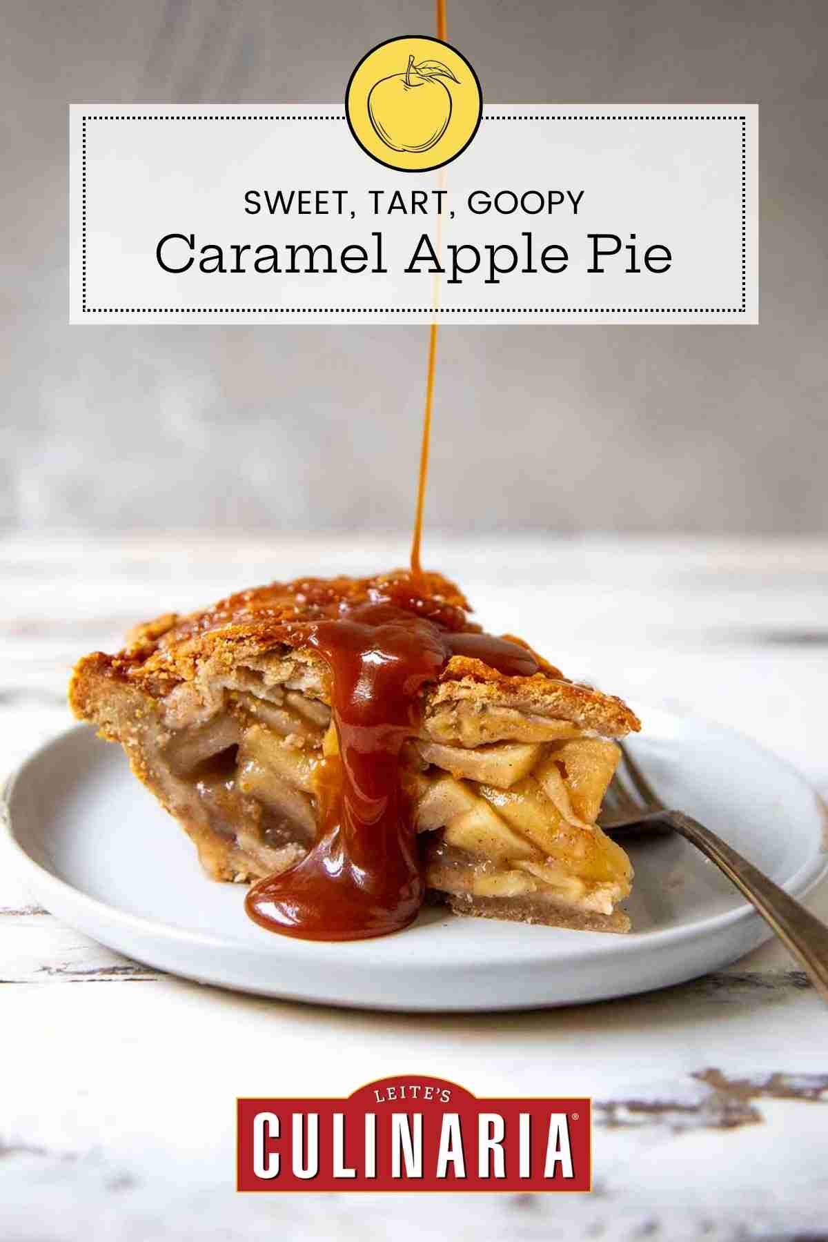 Caramel sauce drizzled over a slice of apple pie on a white plate.