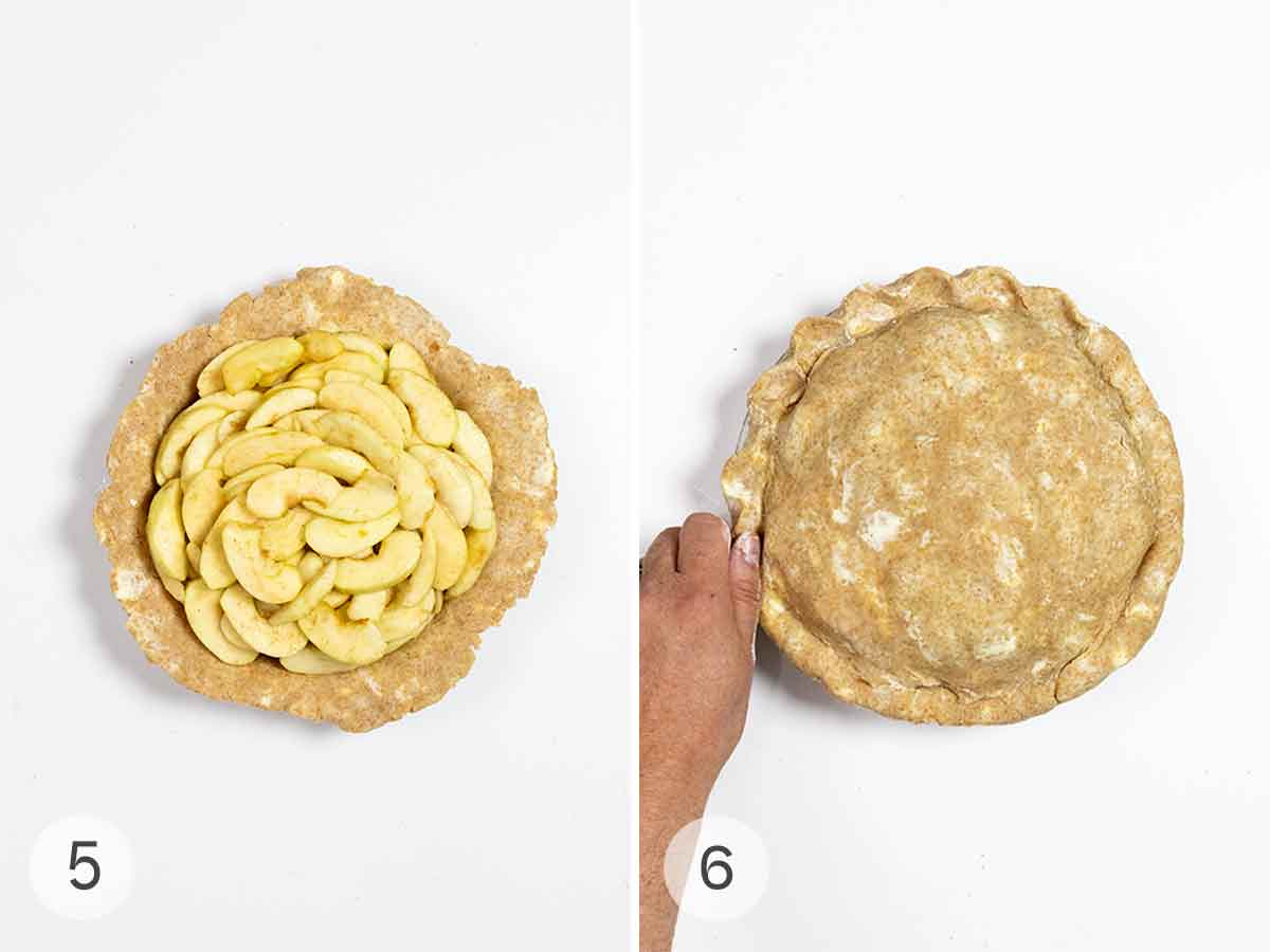 Apples piled into a whole wheat pie shell; the pie covered with a top crust and a person crimping it to seal.