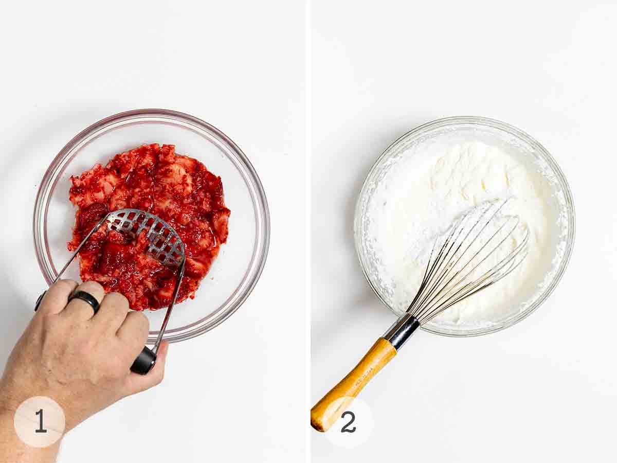 Strawberries and sugar being mashed in a bowl, and cream and confectioners' sugar being whisked in a separate bowl.