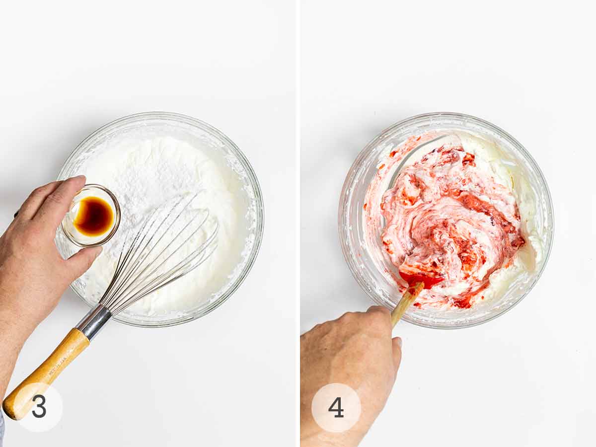 Vanilla added to the bowl of sweetened cream, then the strawberry mixture folded into the cream.