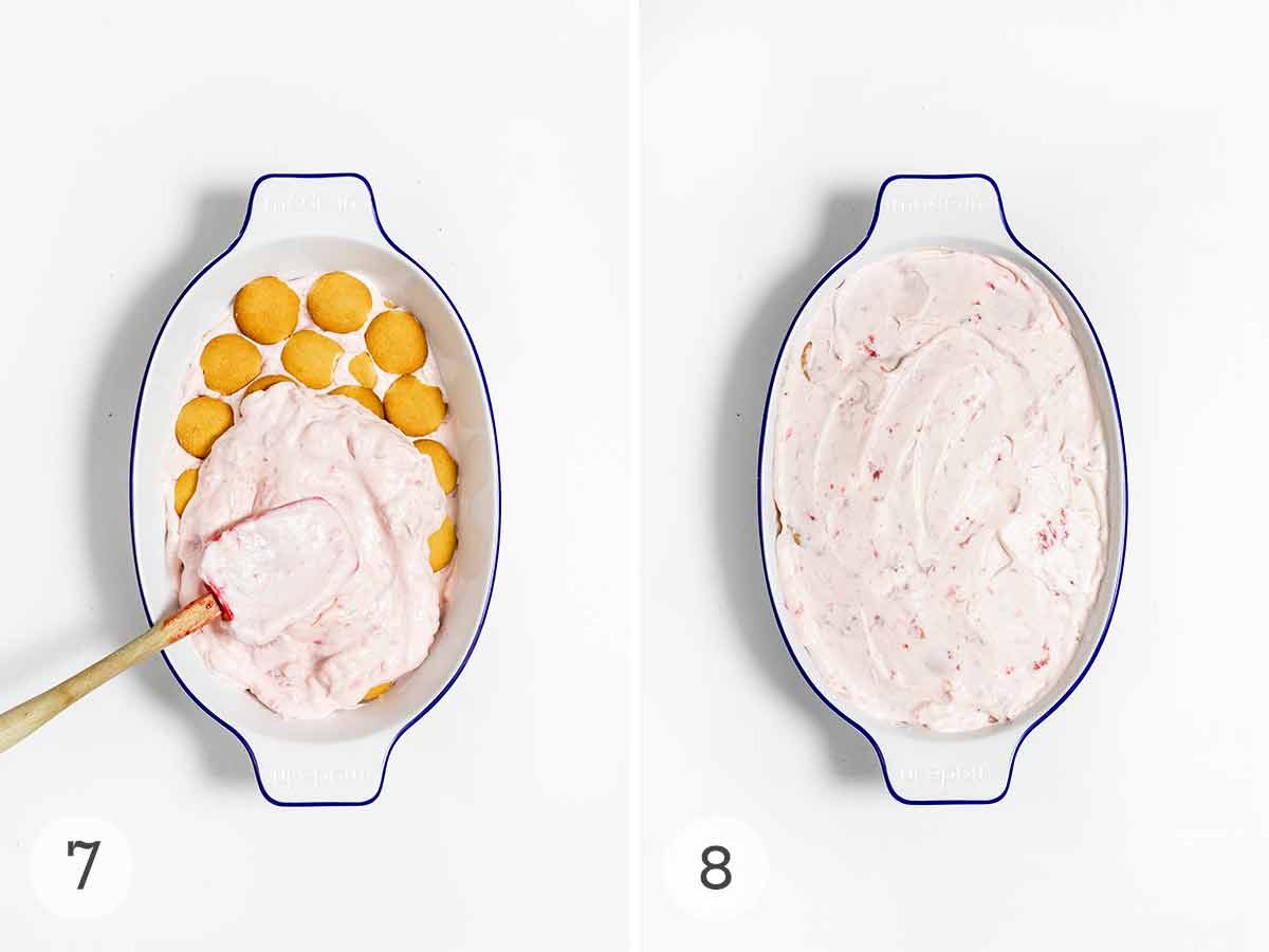 A layer of strawberry cream being added on top of a layer of Nilla wafers and an image of an assembled strawberry icebox pie.