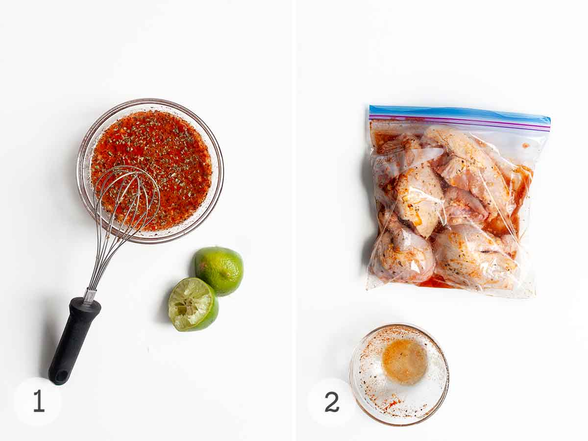 A bright red marinade in a bowl with a whisk resting on it and a halved lime on the side; chicken and marinade in a bag with an empty bowl beside it.