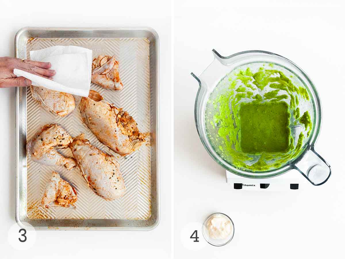 A person patting pieces of chicken with a paper towel; green sauce in a blender with a dish of mayo on the side.