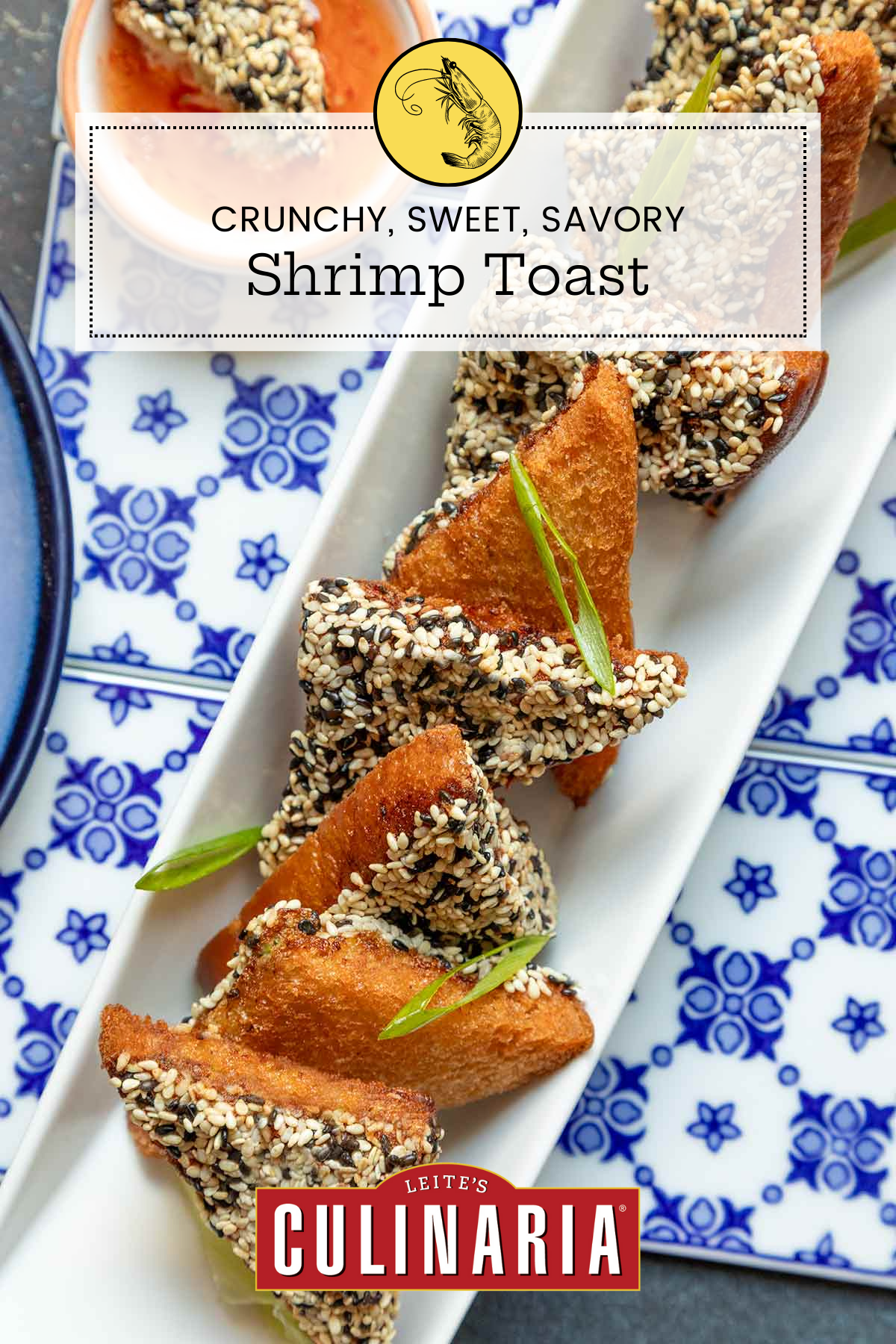 A rectangular platter of shrimp toast on top of blue and white tiles.