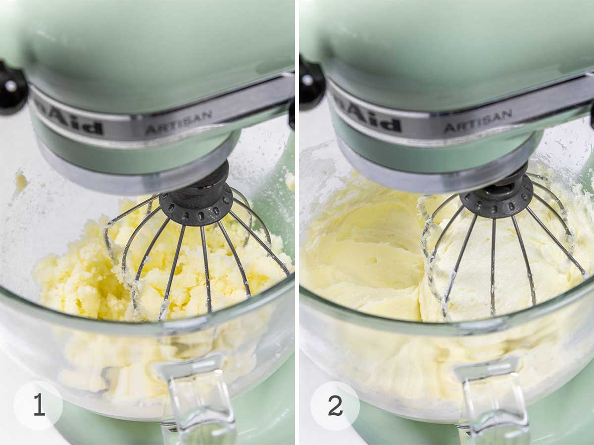 Butter being whipped in a stand mixer; cream cheese being whipped into the butter.