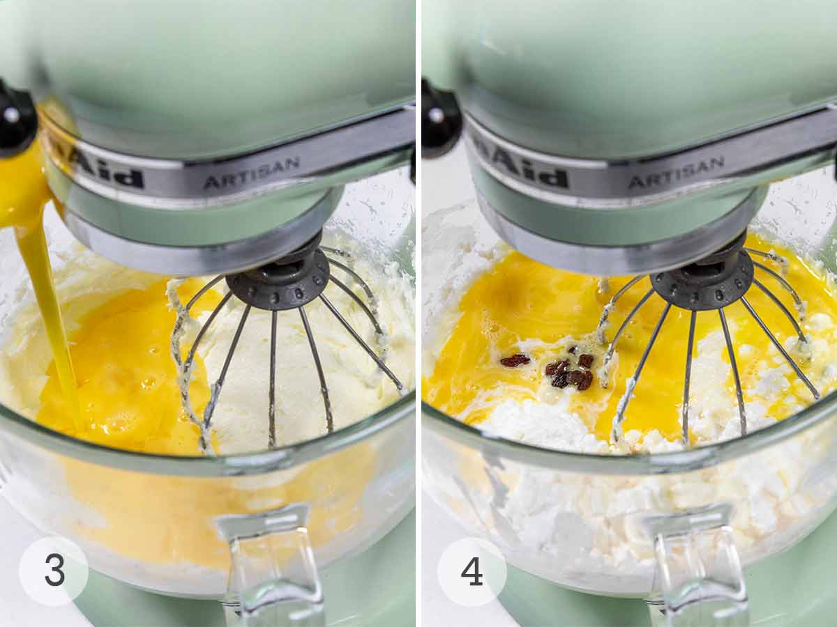 Eggs being whipped into creamed butter; cottage cheese being whipped into the egg custard.