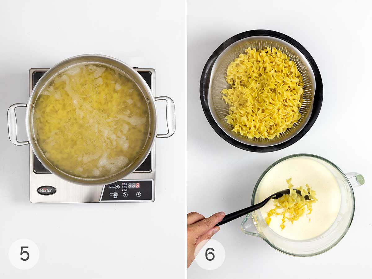 A pot of egg noodles boiling; a colander of cooked egg noodles and a hand spoon the noodles into a bowl of custard.