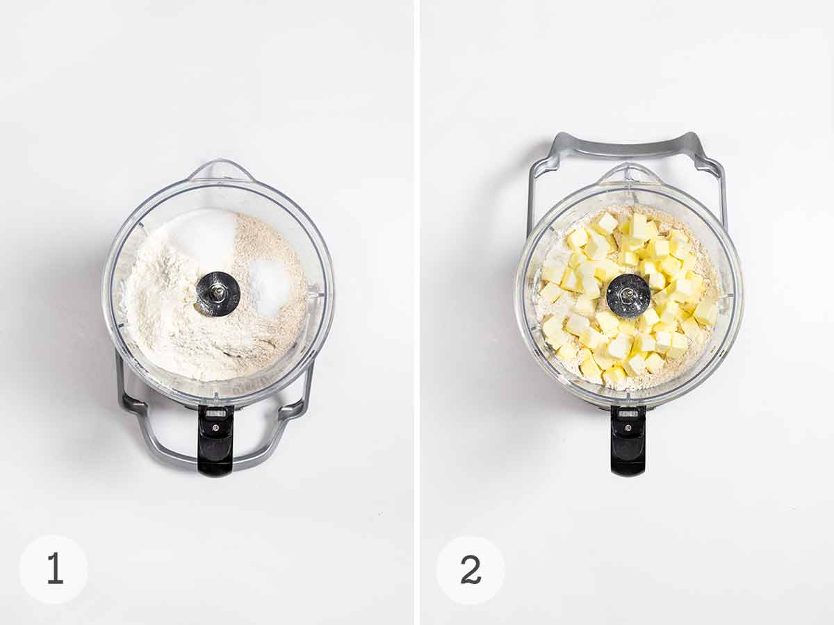 A food processor with dry ingredients; same food processor with butter added.