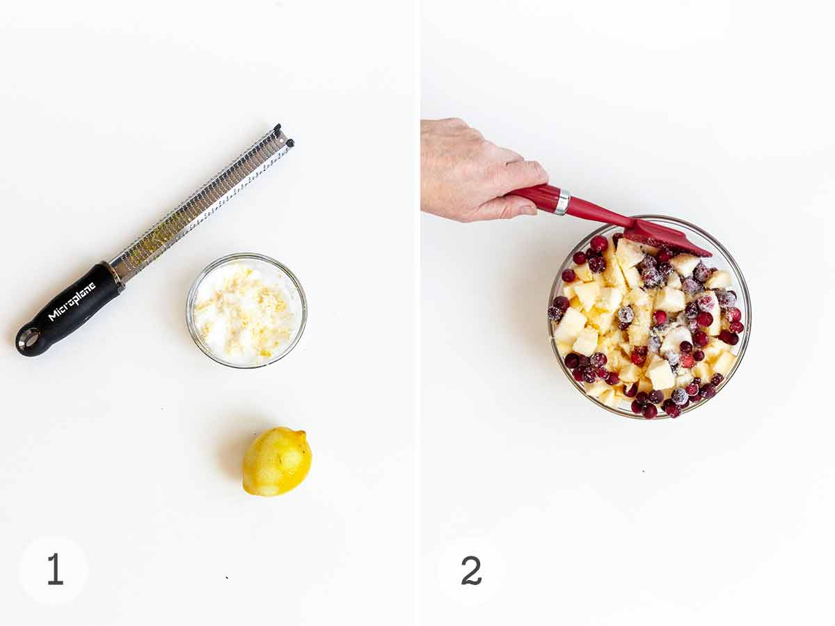 Lemon zest and sugar in a bowl and a person mixing a bowl of cranberries and apples with lemon sugar.