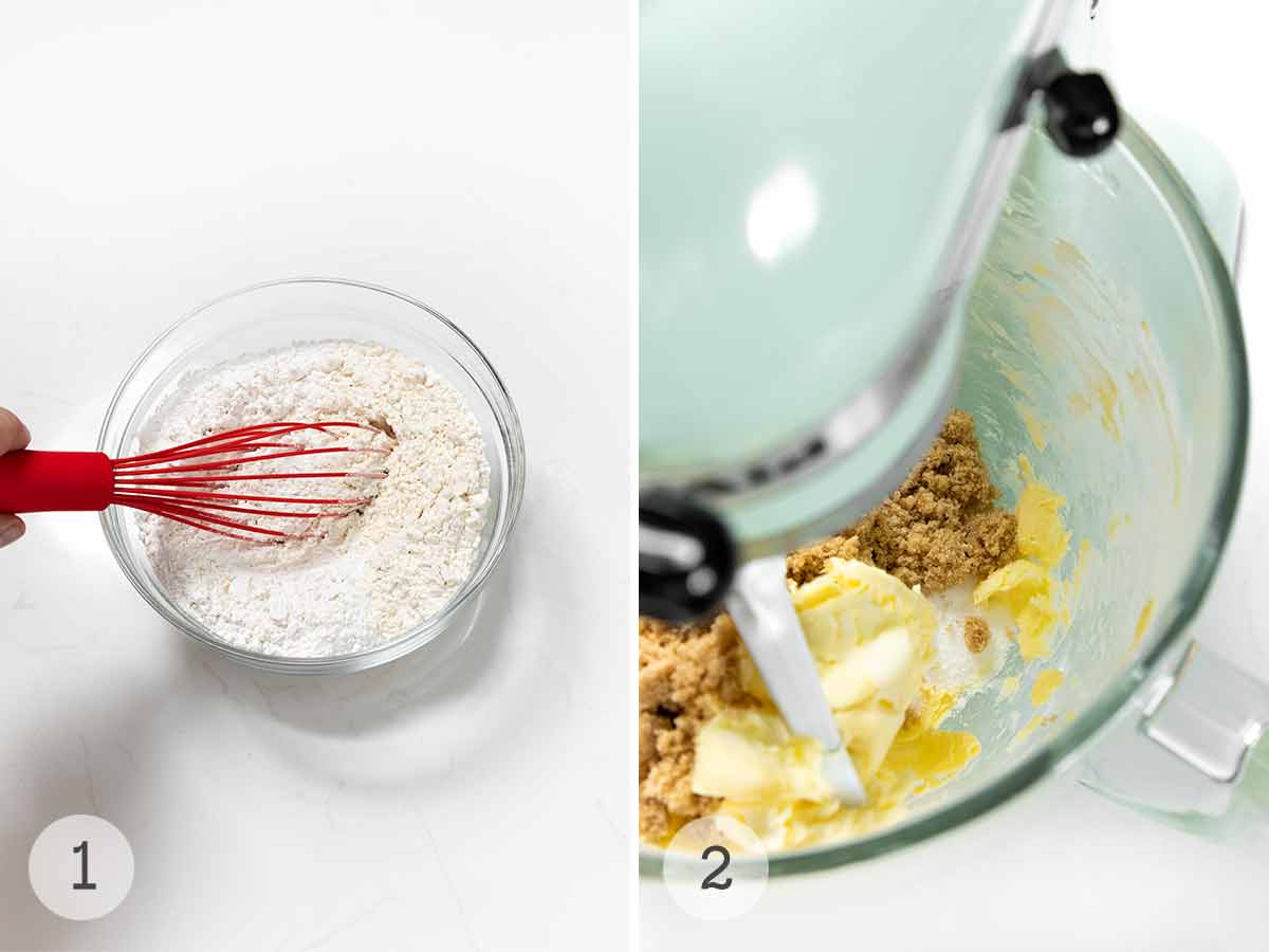Dry ingredients being whisked in a bowl and butter, and white and brown sugar in the bowl of a stand mixer.