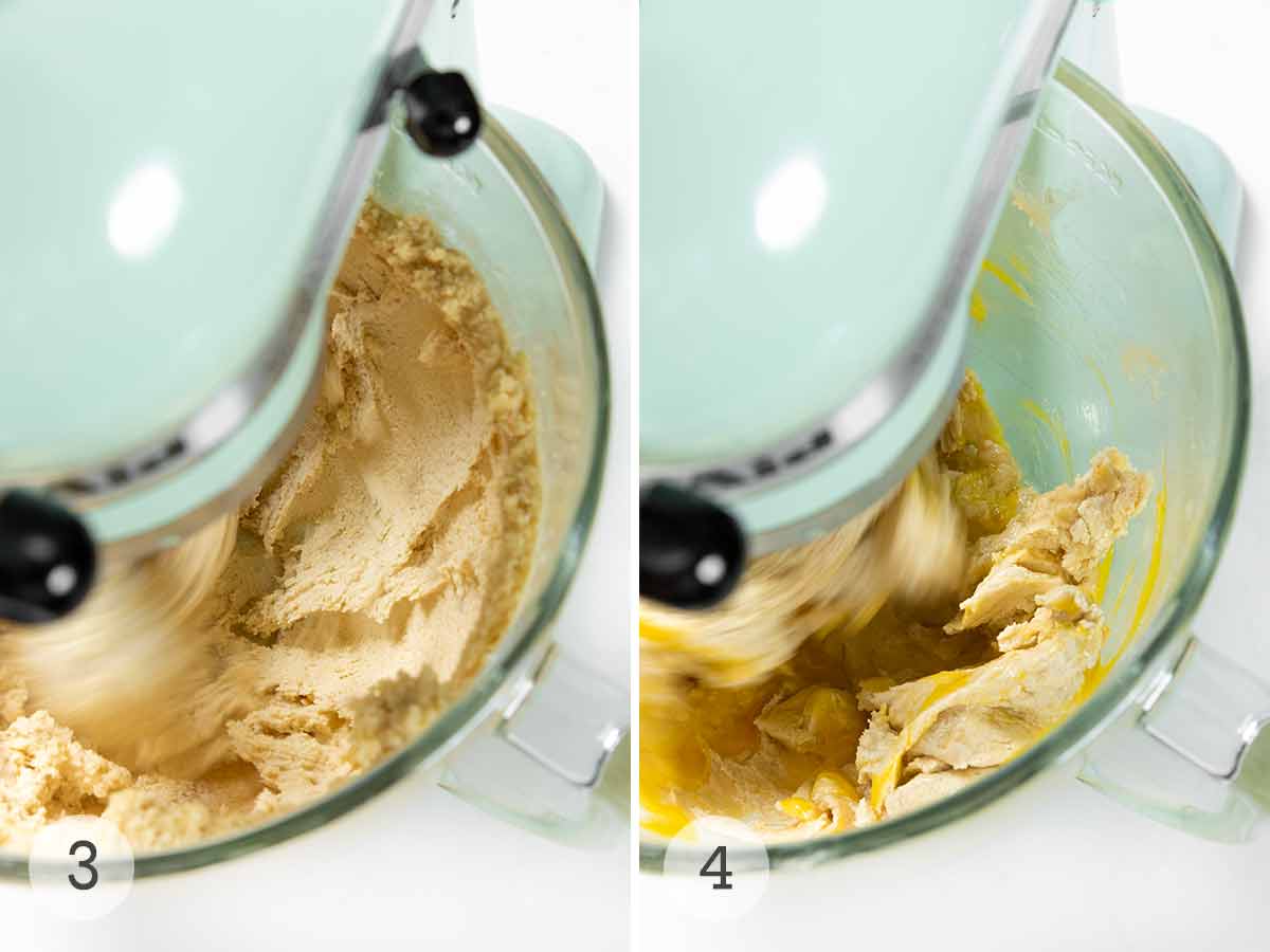 A mixture of creamed sugar and butter in a stand mixer bowl, then egg added to the mixture.
