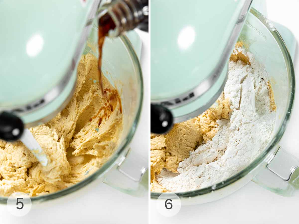 Vanilla being added to cookie dough in a mixer bowl, then dry ingredients added to the same bowl.