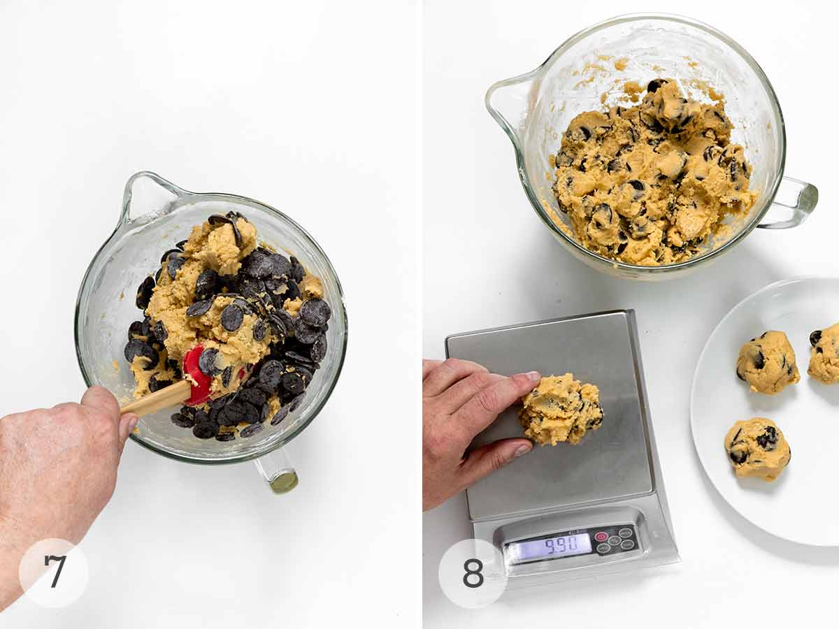 A person mixing chocolate discs into cookie dough, then the dough weighed out in balls.