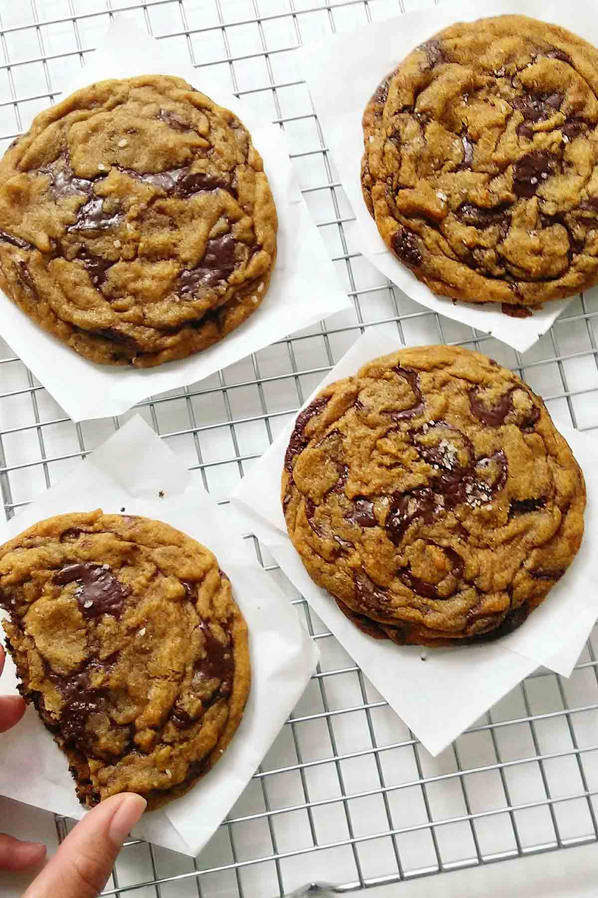 Four large chocolate chip cookies on a cooling rack with a hand reaching for one.