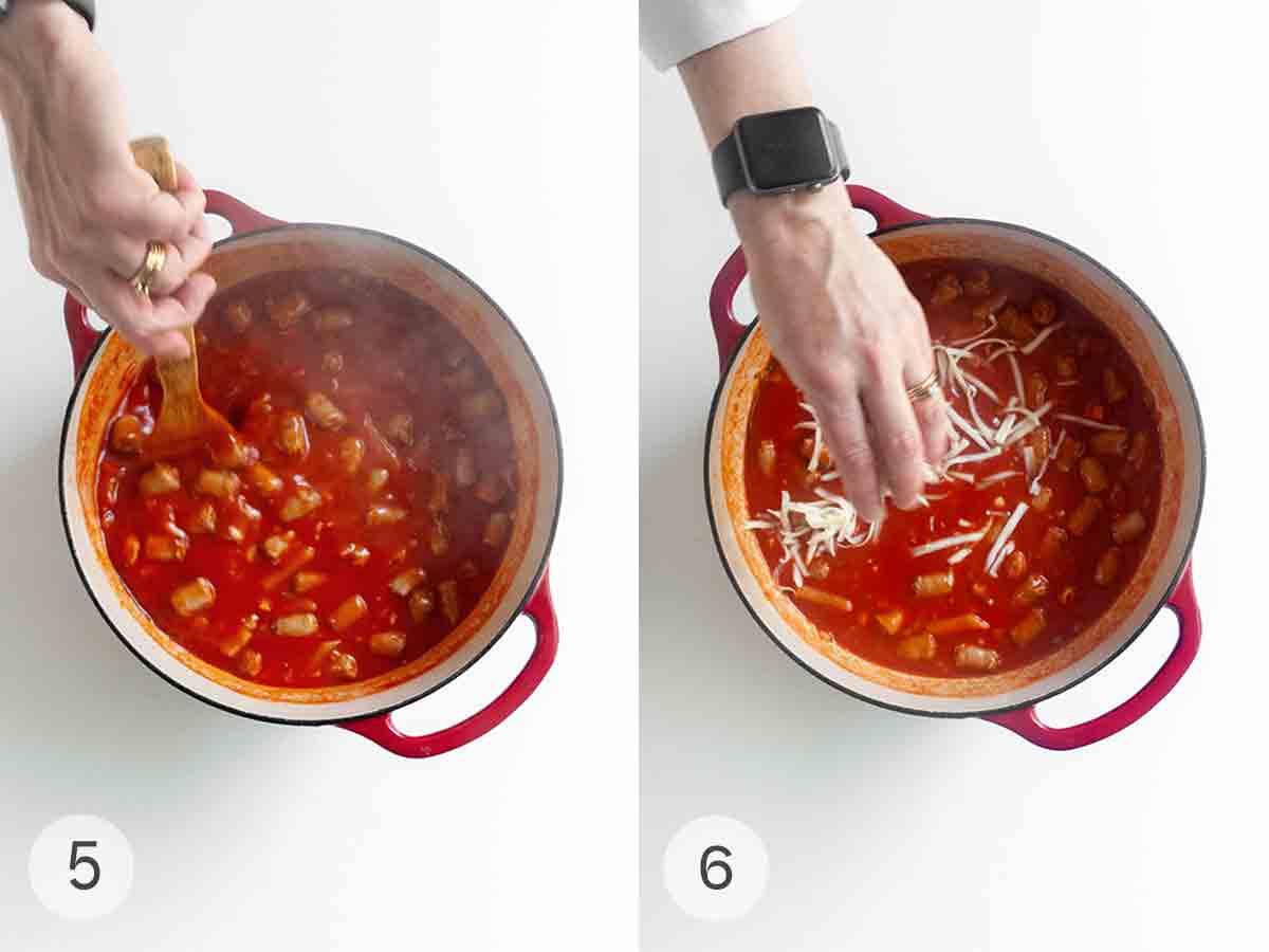 A person stirring a pot of meatballs in tomato sauce and a person sprinkling cheese over the tomato sauce.