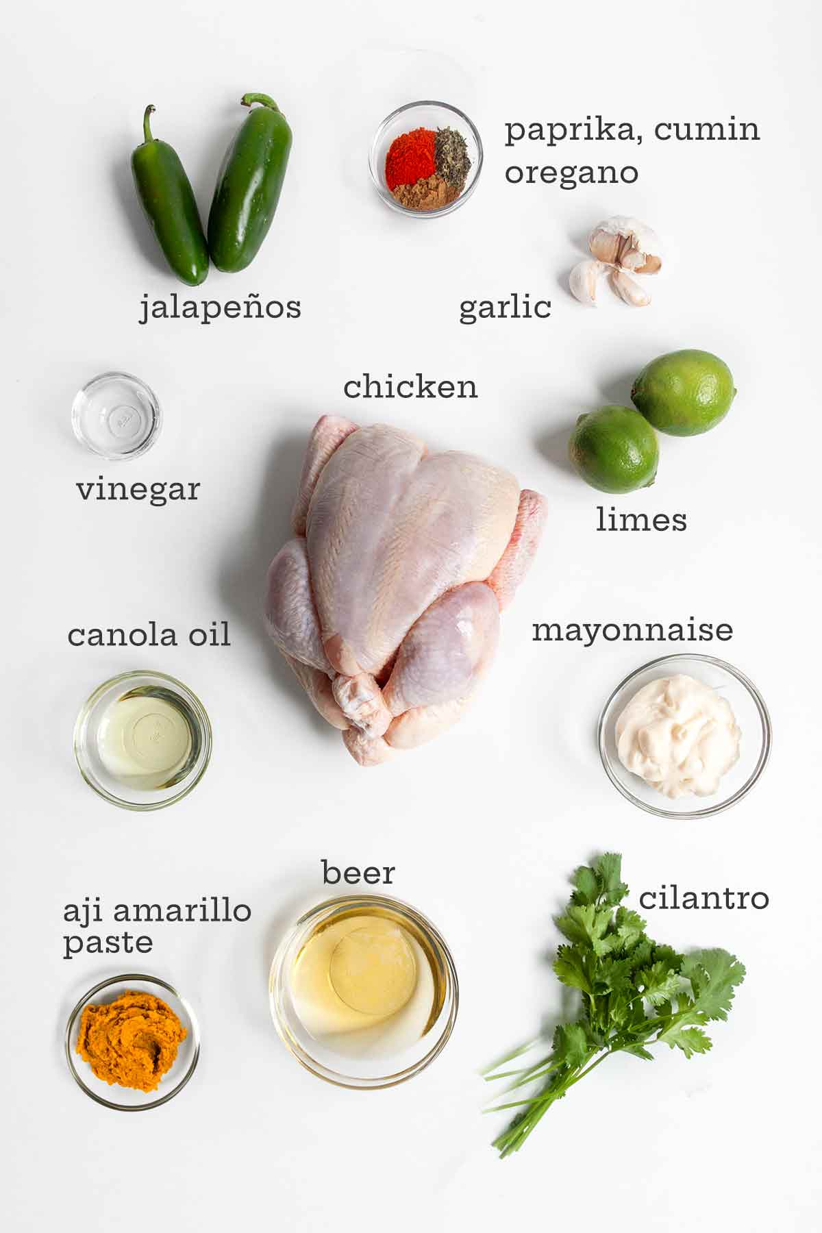 Ingredients for Peruvian chicken--whole chicken, spices, limes, mayo, oil, beer, garlic, vinegar, jalapenos, and cilantro.