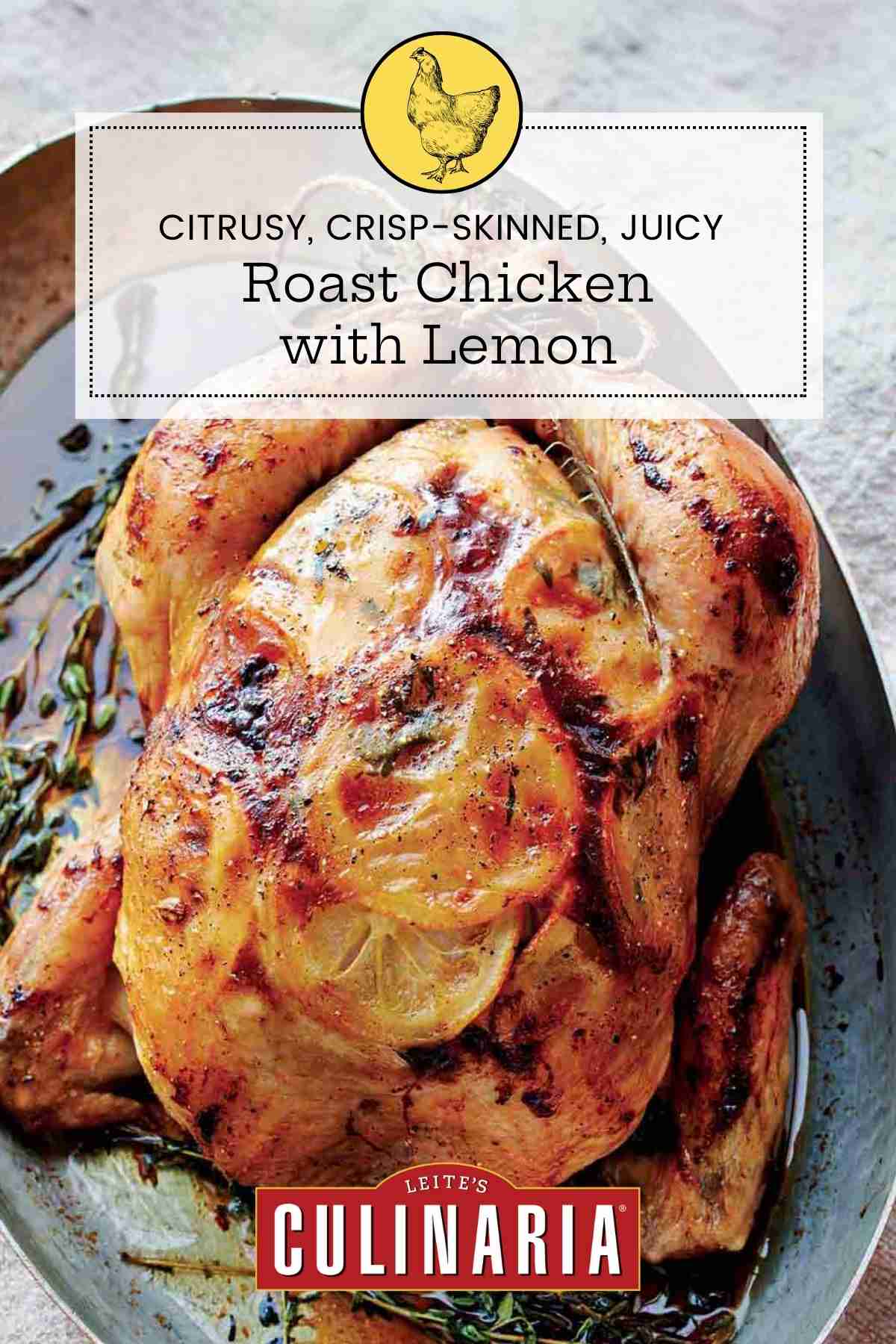 Roast chicken with lemon slices under the skin in a oval metal pan.