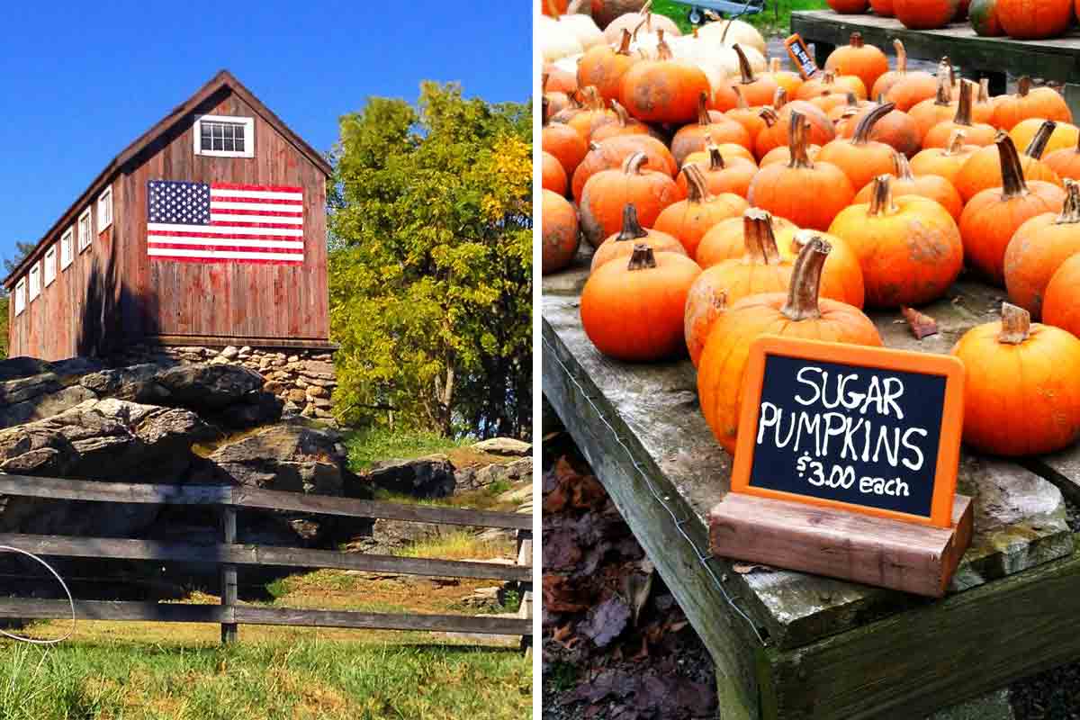 A barn with a painted American flag on it; a table of sugar pumpkins.