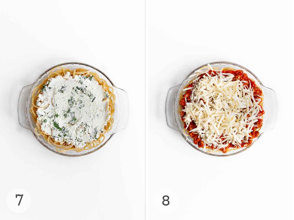 Spaghetti noodles in a glass pie dish topped with ricotta and basil, then topped with tomato sauce and shredded cheese.