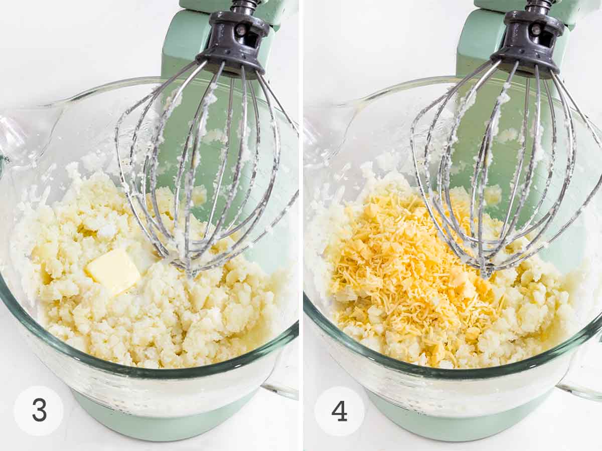 Butter and cheese being added to mashed potatoes in a stand mixer.