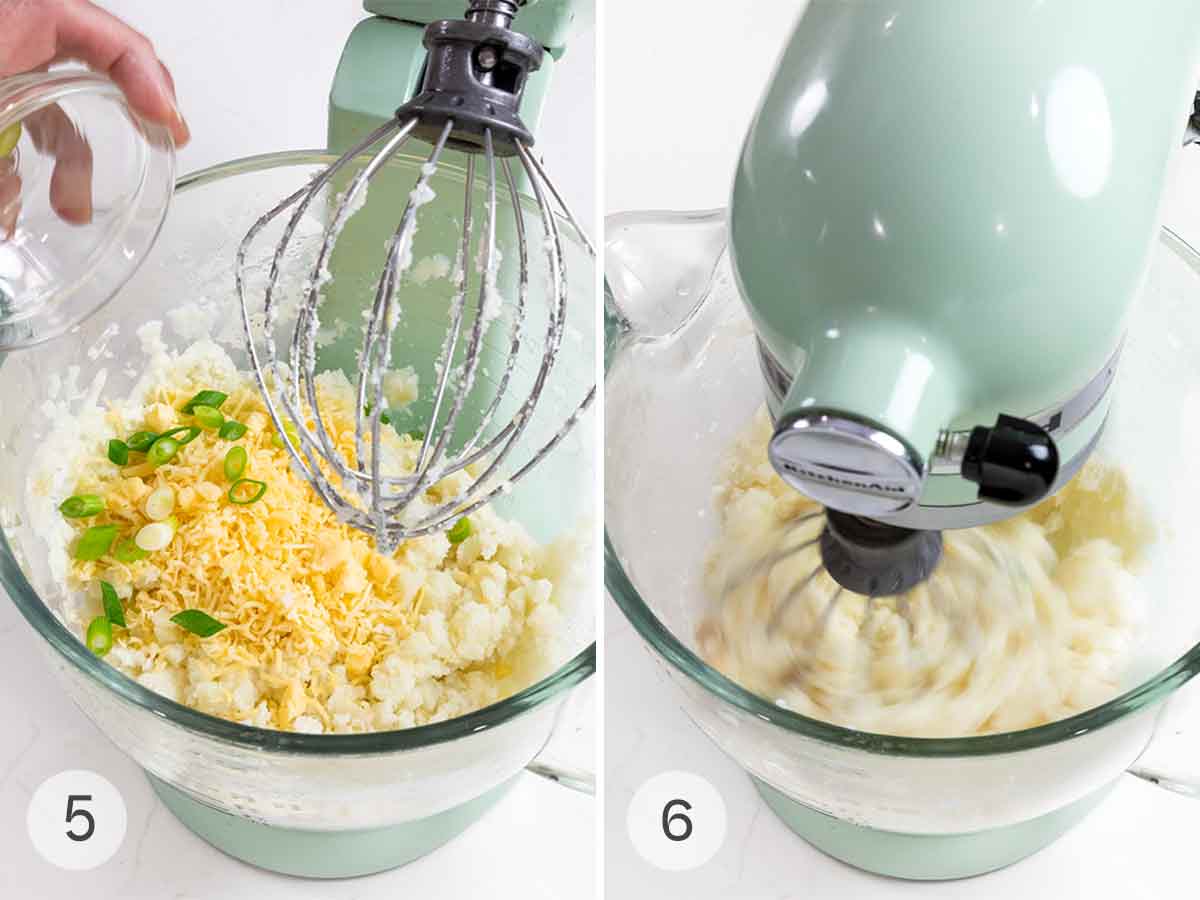 Cheese and scallions added to mashed potatoes in a mixer, then whipped in the mixer.