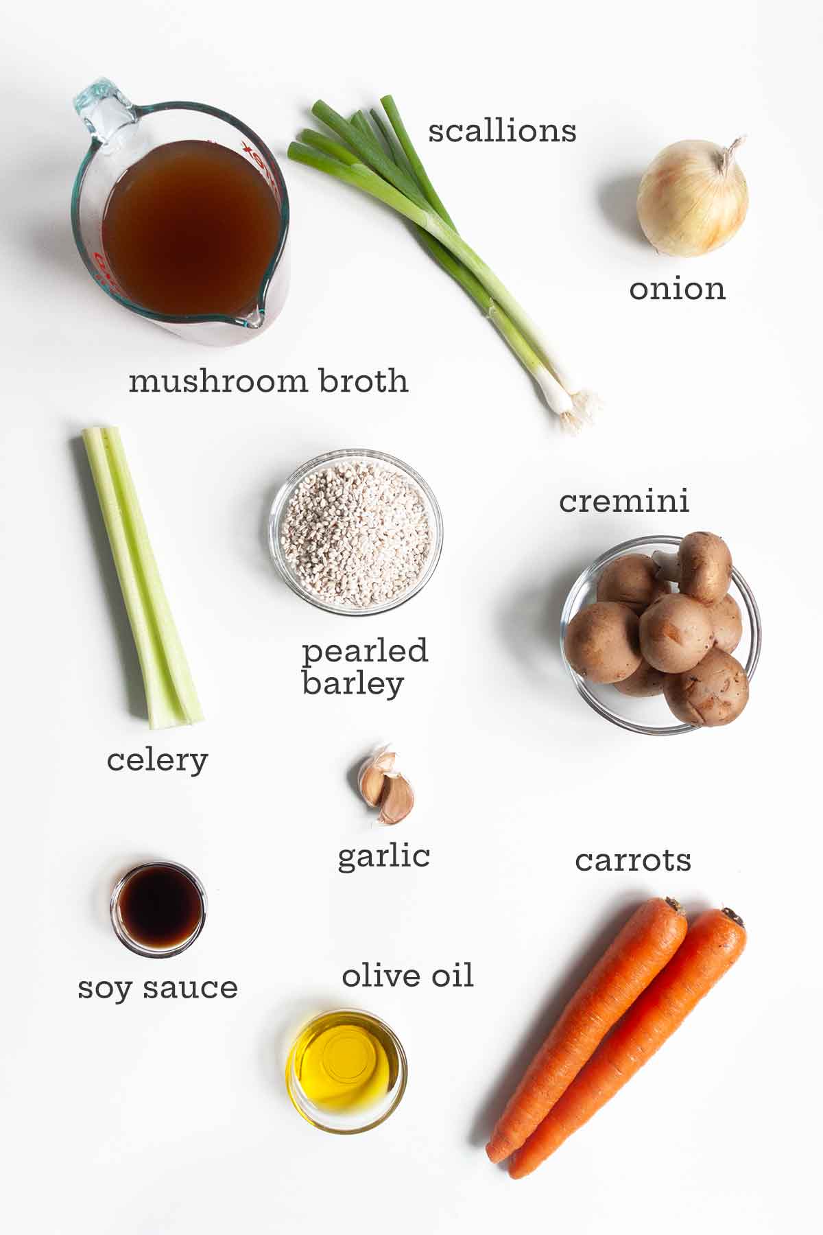 Ingredients for mushroom barley soup--barley, mushrooms, onion, garlic, soy sauce, celery, carrots, and oil.