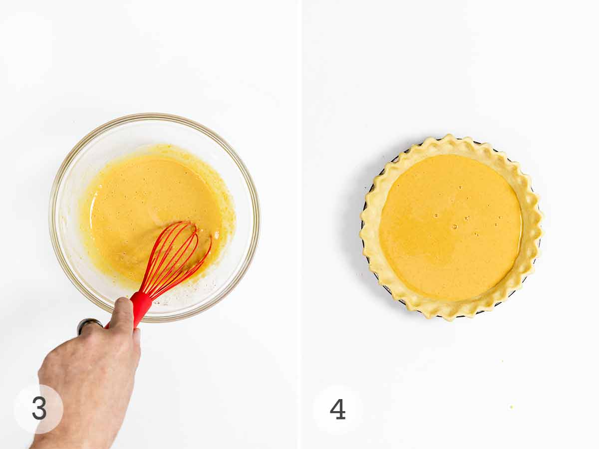 A person whisking pie filling, and an unbaked pie shell with the filling added to it.