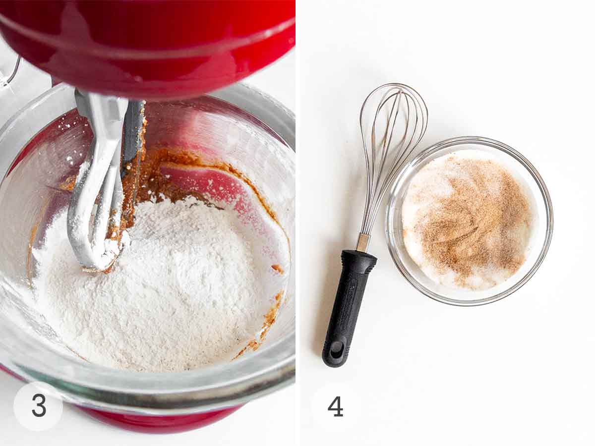 Flour added to pumpkin spice cookie batter in a mixer and spiced sugar in a bowl with a whisk beside it.