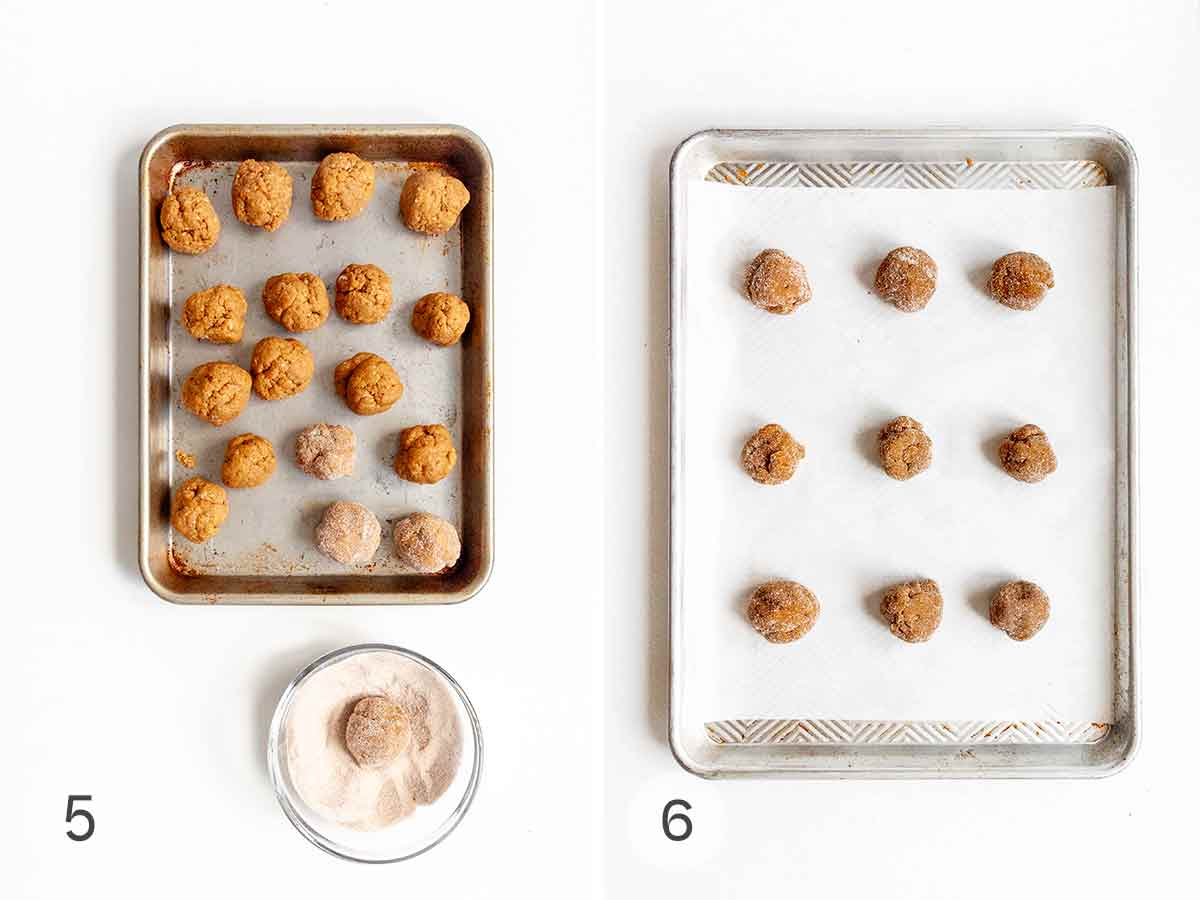 Balls of cookie dough being rolled in spiced sugar, then arranged on a baking sheet.