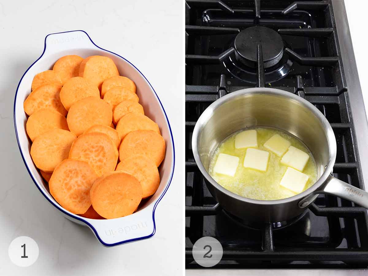 Sliced sweet potatoes in an oval baking dish and a butter melting in a pot on the stove.