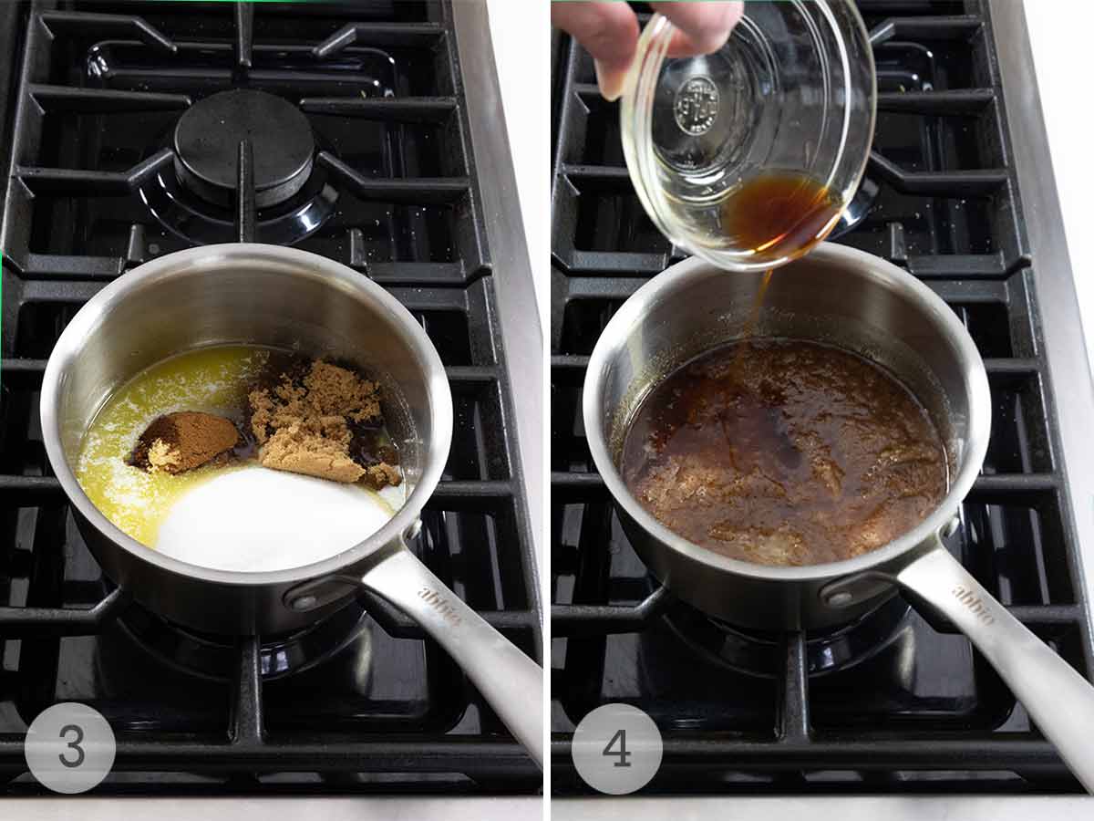 Sugar and spices added to melted butter on a stovetop and vanilla being added to the cooked mixture.